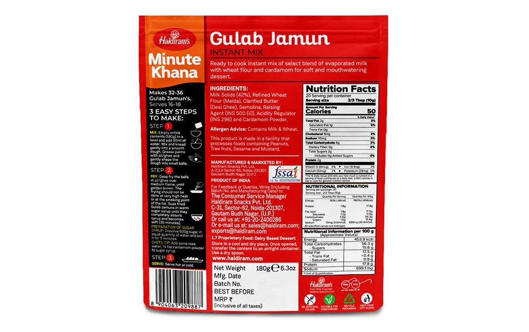 Haldiram's Minute Khana Gulab Jamun Instant Mix   Pack  180 grams